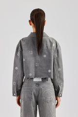 Rhinestone Motif Relaxed Denim Jacket - Washed Grey