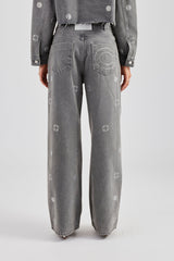 Rhinestone Motif Relaxed Denim Jean - Washed Grey