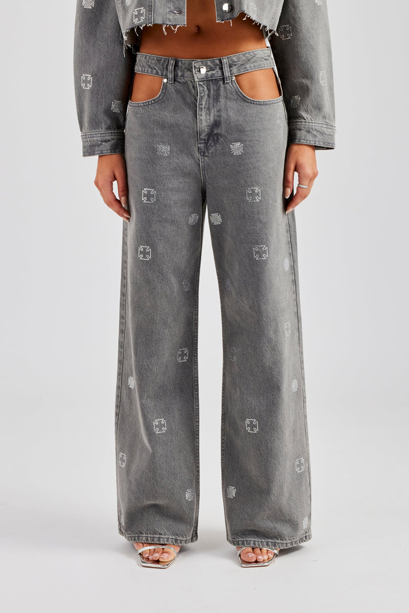 Rhinestone Motif Relaxed Denim Jean - Washed Grey