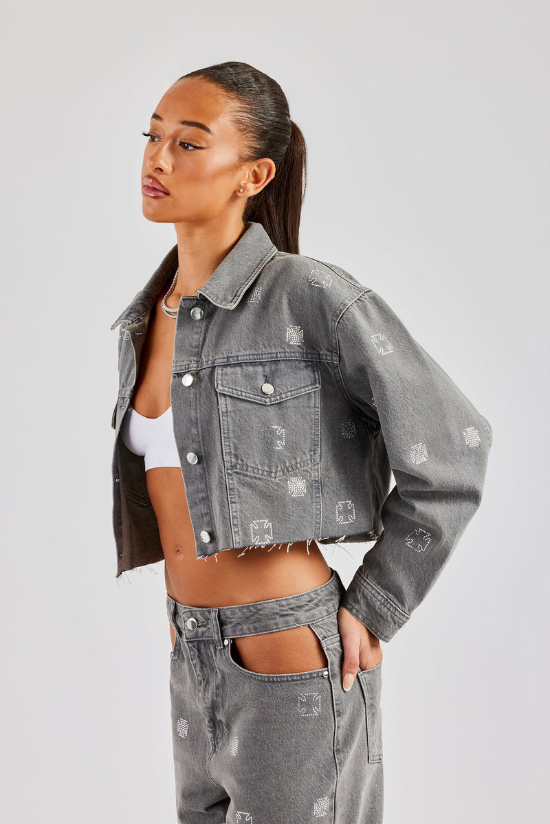 Rhinestone Motif Relaxed Denim Jacket - Washed Grey