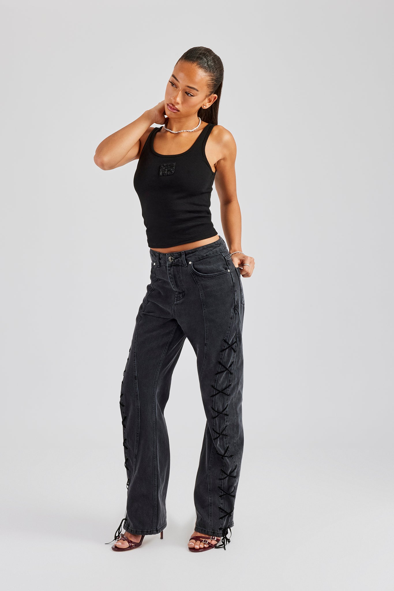 Lace Up Detail Relaxed Denim Jean - Washed Black | Womens Bottoms