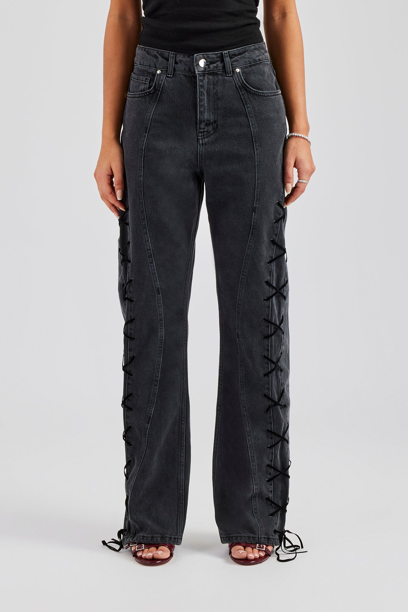 Lace Up Detail Relaxed Denim Jean - Washed Black | Womens Bottoms