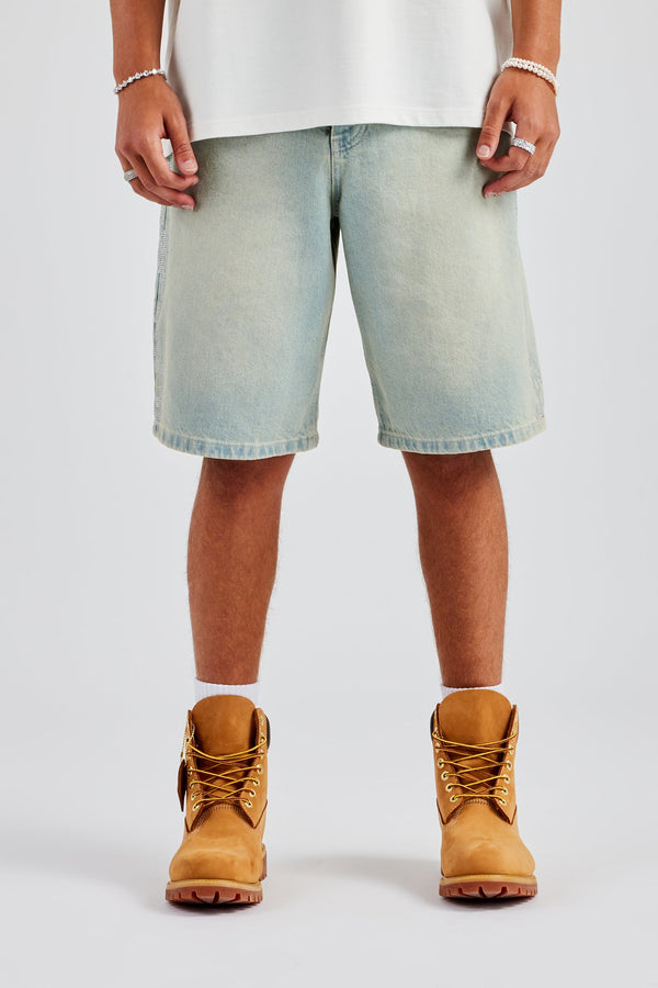 Relaxed Rhinestone Motif Bermuda Jorts - Bleach Wash