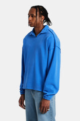 Long Sleeve Exposed Seam Collared Sweatshirt - Washed Cobalt