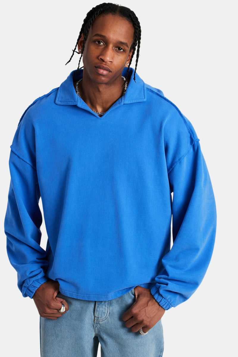 Long Sleeve Exposed Seam Collared Sweatshirt - Washed Cobalt