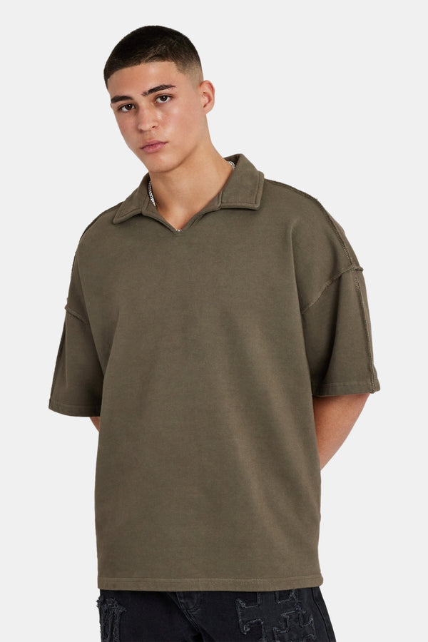 Short Sleeve Exposed Seam Collared Sweatshirt - Washed Green