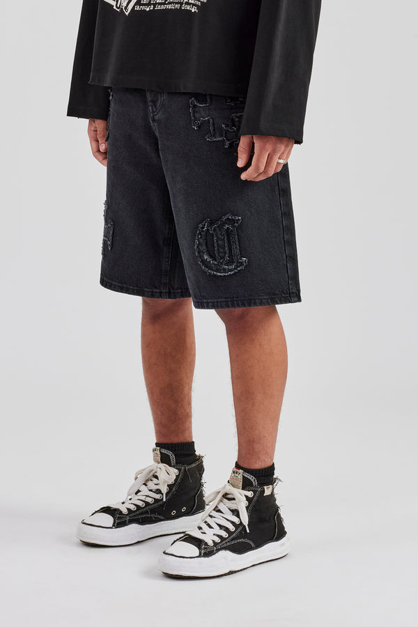 Raw Edge Applique Denim Bermuda Short - Black