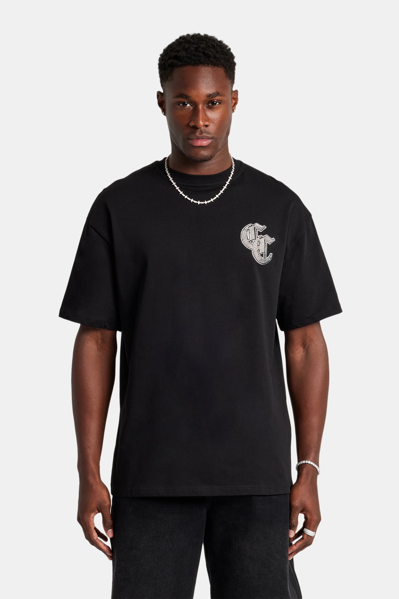 Gothic Rhinestone Oversized T-Shirt - Black | Mens Tees & Vests