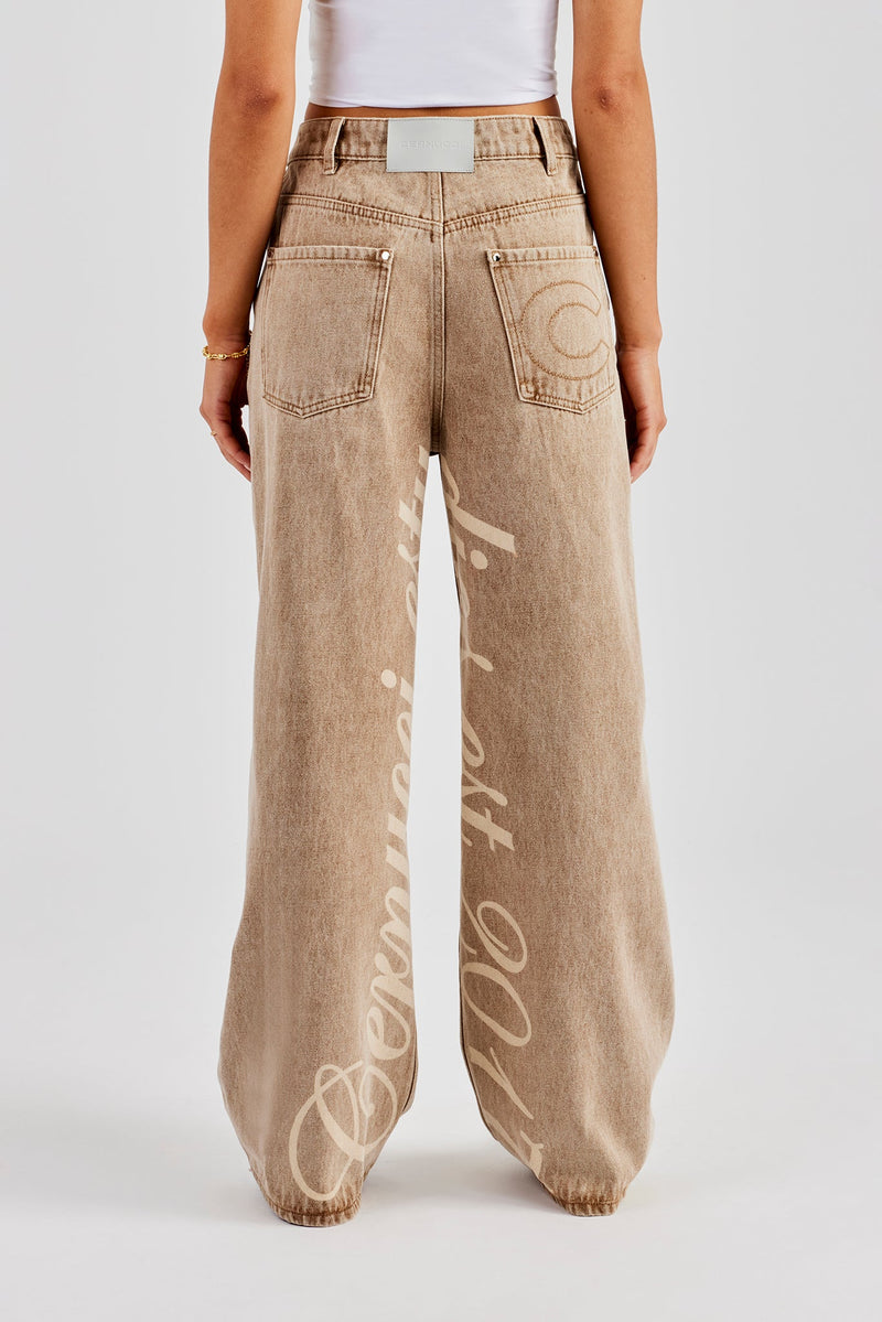 Baggy Fit Laser Print Jeans - Beige