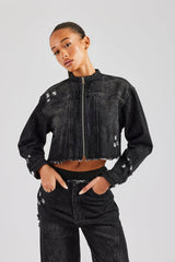 Raw Hem Denim Collarless Jacket - Washed Black