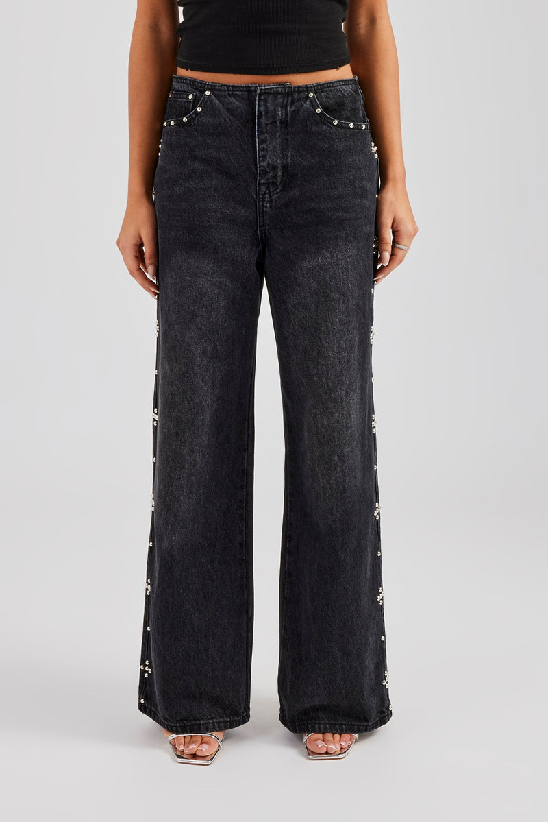 Stud Detail Baggy Jean - Washed Black