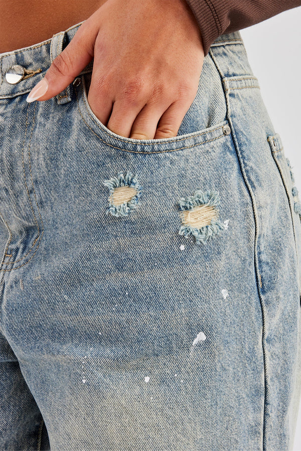 Distressed Paint Splatter Baggy Jean - Antique Wash