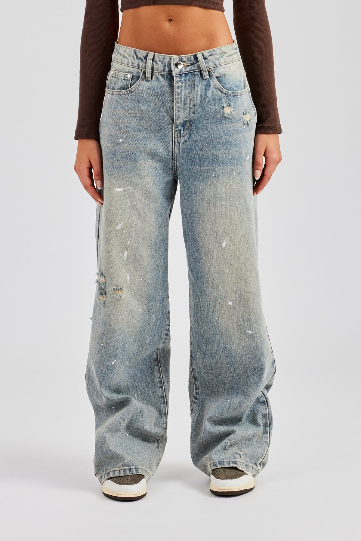 Distressed Paint Splatter Baggy Jean - Antique Wash | Womens Denim 