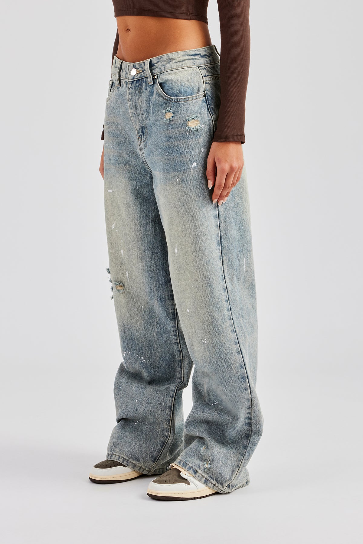 Distressed Paint Splatter Baggy Jean - Antique Wash | Womens Denim 