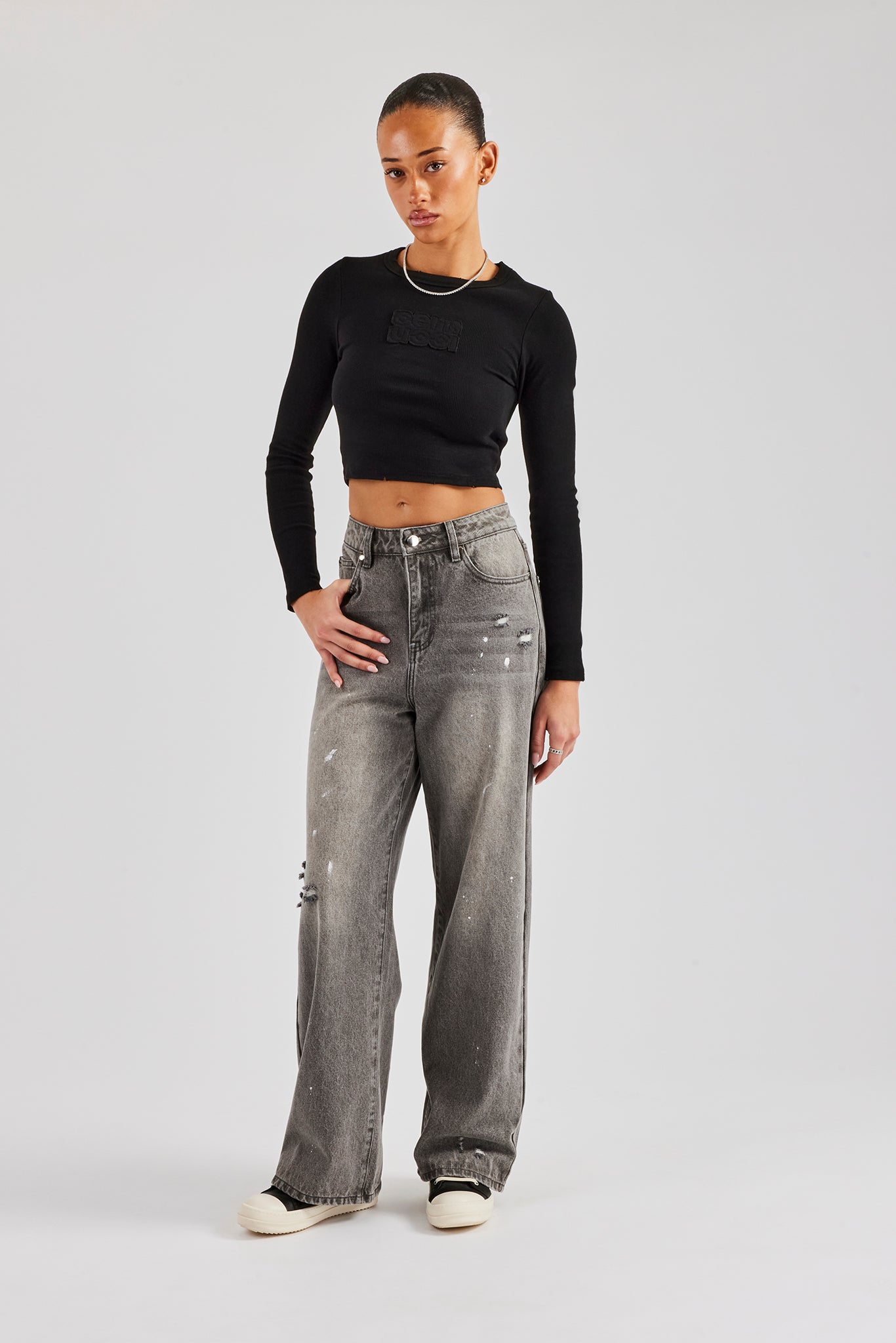 Distressed Paint Splatter Baggy Jean - Washed Grey | Womens