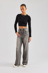 Distressed Paint Splatter Baggy Jean - Washed Grey