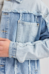 Two Tone Distressed Denim Jacket- Light Blue