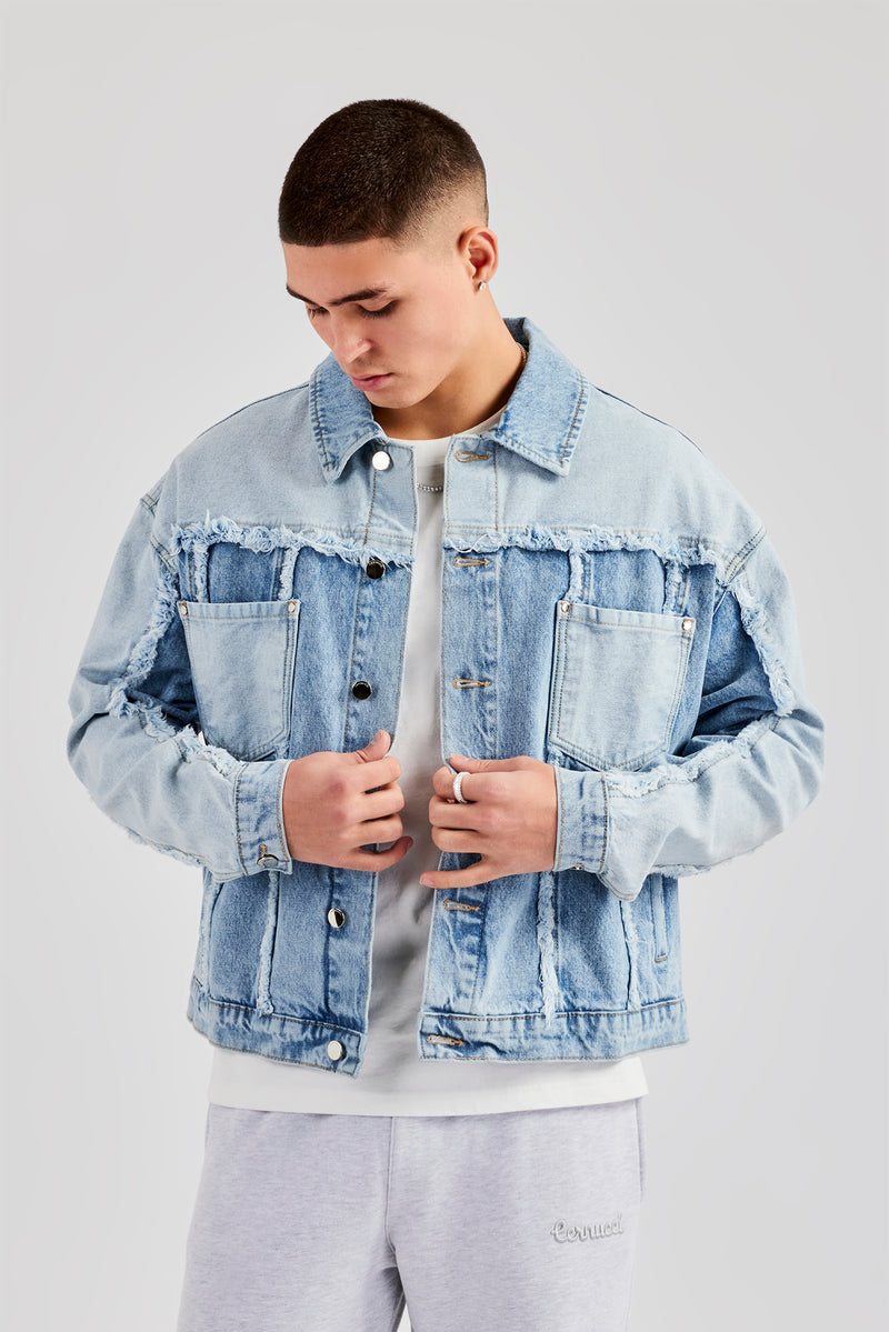 Two Tone Distressed Denim Jacket- Light Blue | Mens Denim | Shop Denim Jackets at CERNUCCI.COM Cernucci US Two Tone Distressed Denim Jacket- Light Blue | Mens Denim | Shop Denim Jackets at CERNUCCI.COM Cernucci US