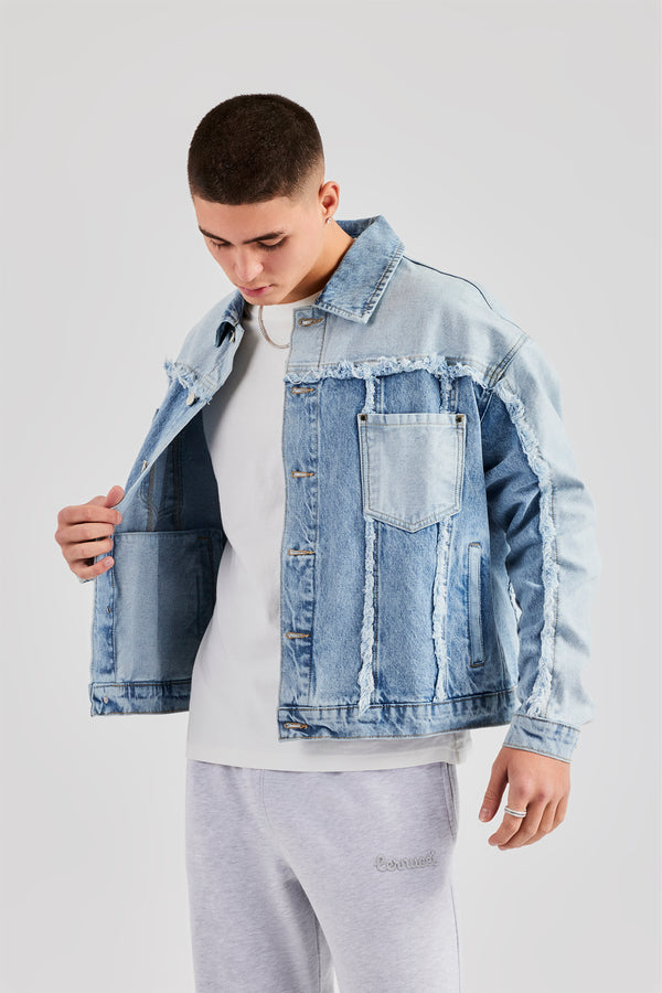 Two Tone Distressed Denim Jacket- Light Blue