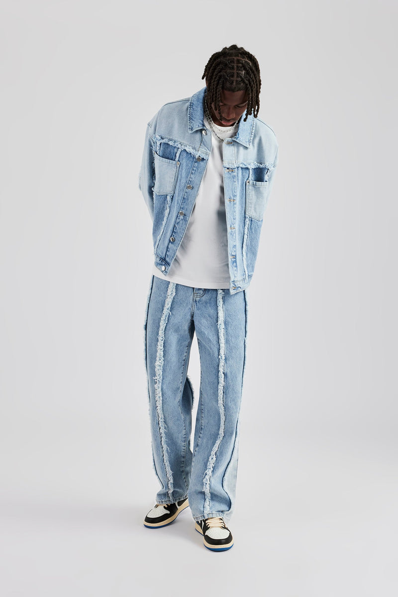 Two Tone Distressed Denim Jacket & Jean - Light Blue | Mens Sets | Shop Denim Sets at CERNUCCI.COM Cernucci US Two Tone Distressed Denim Jacket & Jean - Light Blue | Mens Sets | Shop Denim Sets at CERNUCCI.COM Cernucci US