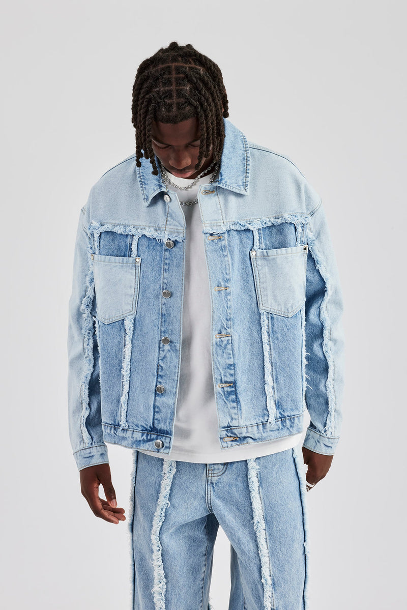 Two Tone Distressed Denim Jacket- Light Blue