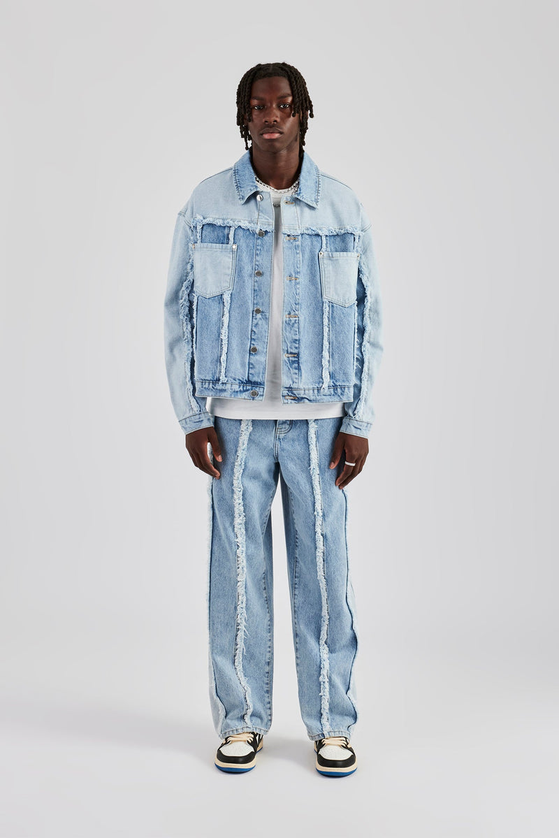 Two Tone Distressed Denim Jacket & Jean - Light Blue | Mens Sets | Shop Denim Sets at CERNUCCI.COM Cernucci US Two Tone Distressed Denim Jacket & Jean - Light Blue | Mens Sets | Shop Denim Sets at CERNUCCI.COM Cernucci US