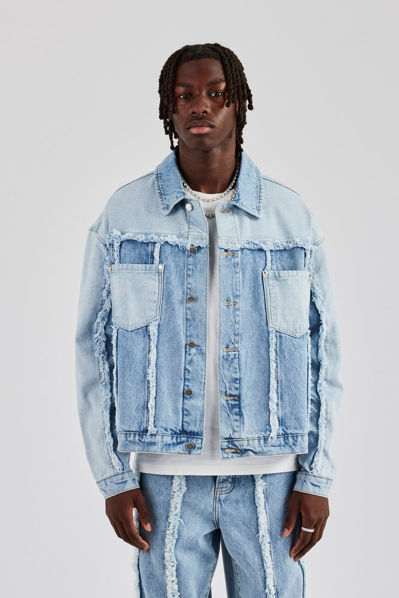 Two Tone Distressed Denim Jacket- Light Blue