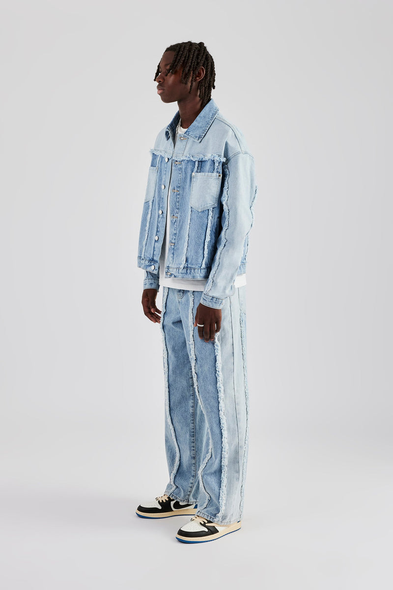 Two Tone Distressed Denim Jacket Jean Light Blue Mens Sets
