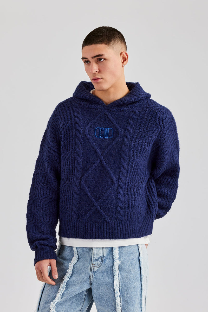 Boxy Cable Knit Embroidered Hoodie - Navy