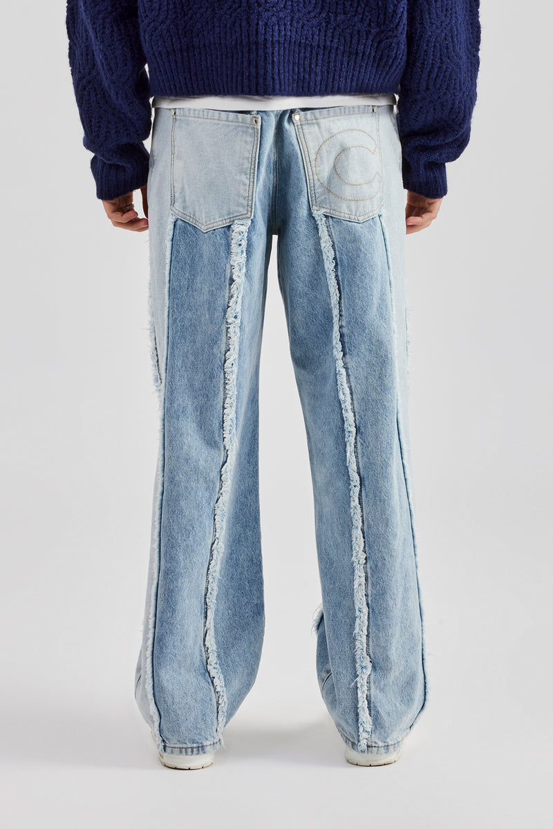 Two Tone Denim Stacked Jean - Light Blue