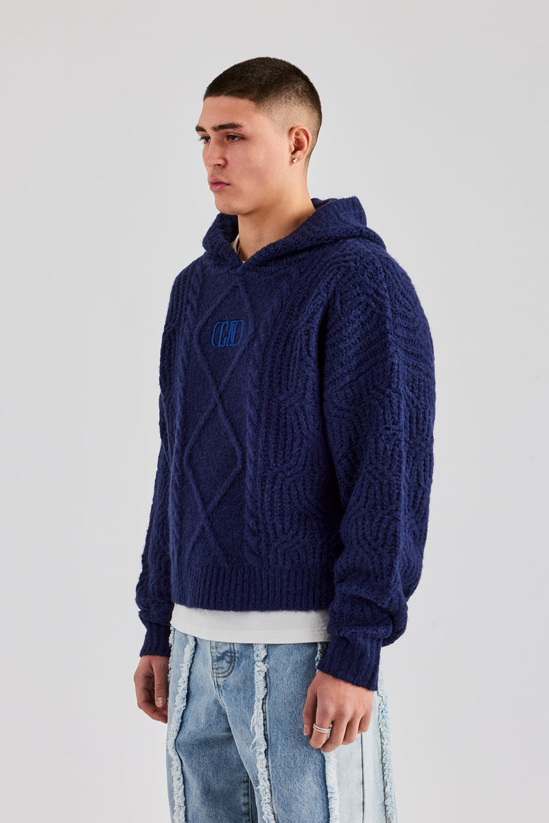 Boxy Cable Knit Embroidered Hoodie - Navy