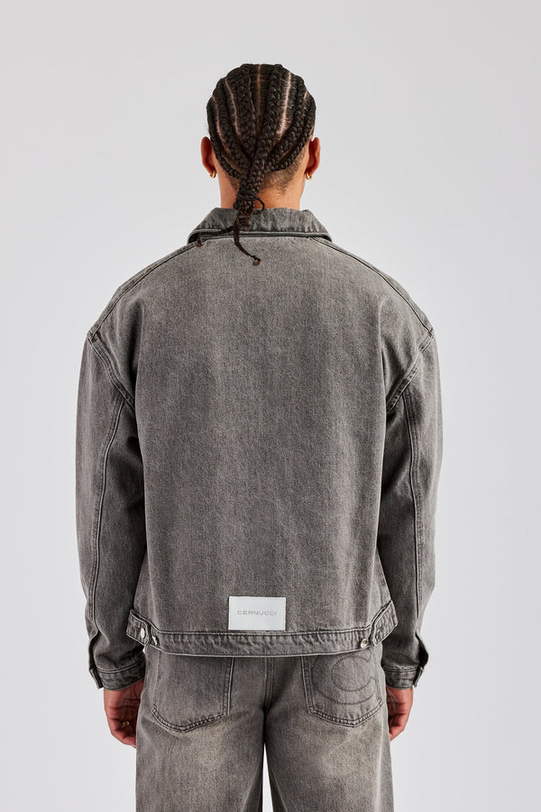 Washed Denim Harrington Jacket - Washed Grey