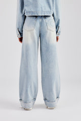 Waistband Turn Up Baggy Jean - Ice Blue