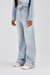 Waistband Turn Up Baggy Jean - Ice Blue