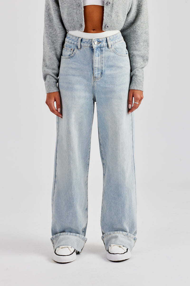 Waistband Turn Up Baggy Jean - Ice Blue