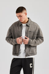 Washed Denim Harrington Jacket - Washed Grey