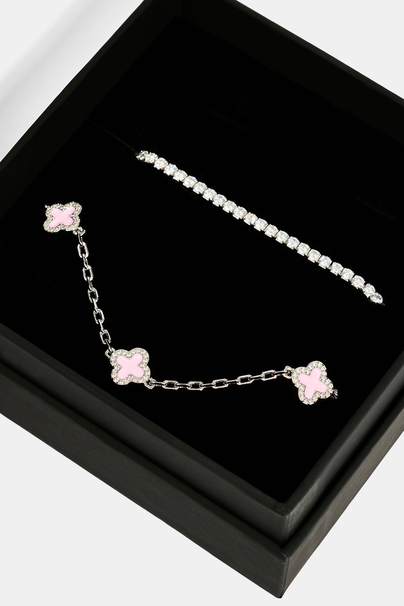 2.5mm Micro Tennis Bracelet & 10mm Pink Enamel Motif Rolo Link Bracelet - White