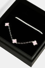 2.5mm Micro Tennis Bracelet & 10mm Pink Enamel Motif Rolo Link Bracelet - White