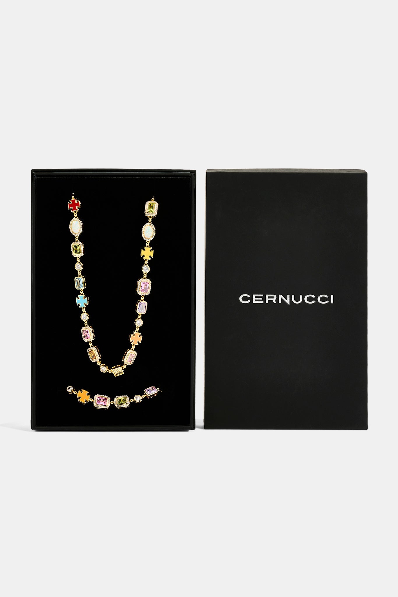 Pink Multi Gemstone Motif Necklace & Bracelet - 10mm - Gold