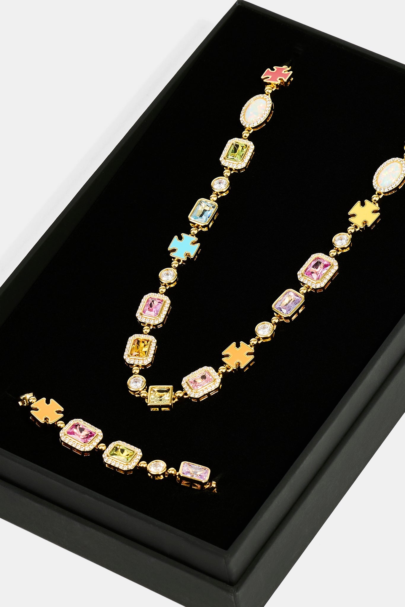 Pink Multi Gemstone Motif Necklace & Bracelet - 10mm - Gold