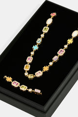 Pink Multi Gemstone Motif Necklace & Bracelet - 10mm - Gold