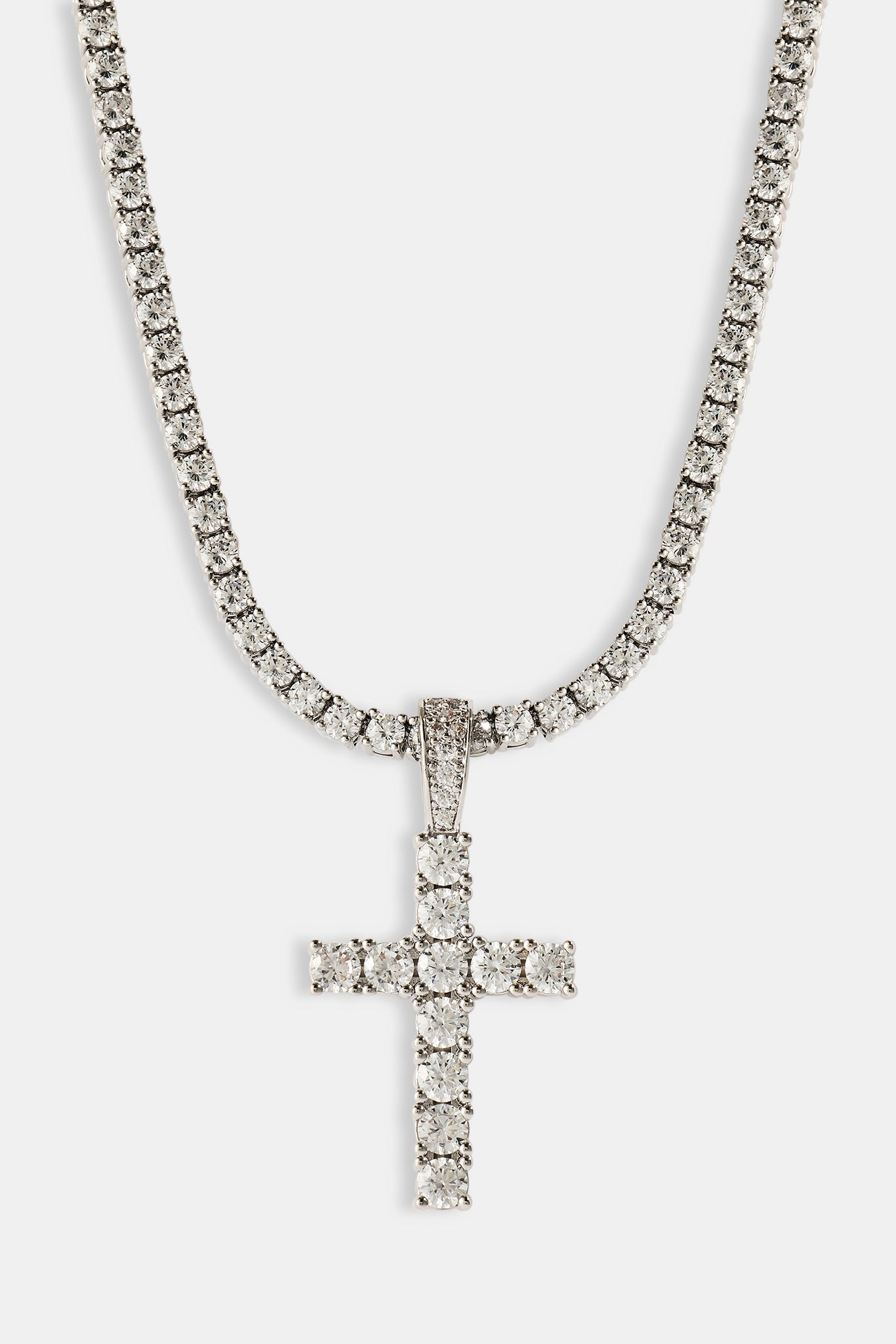 Iced Cross Pendant Tennis Necklace - 30mm - White