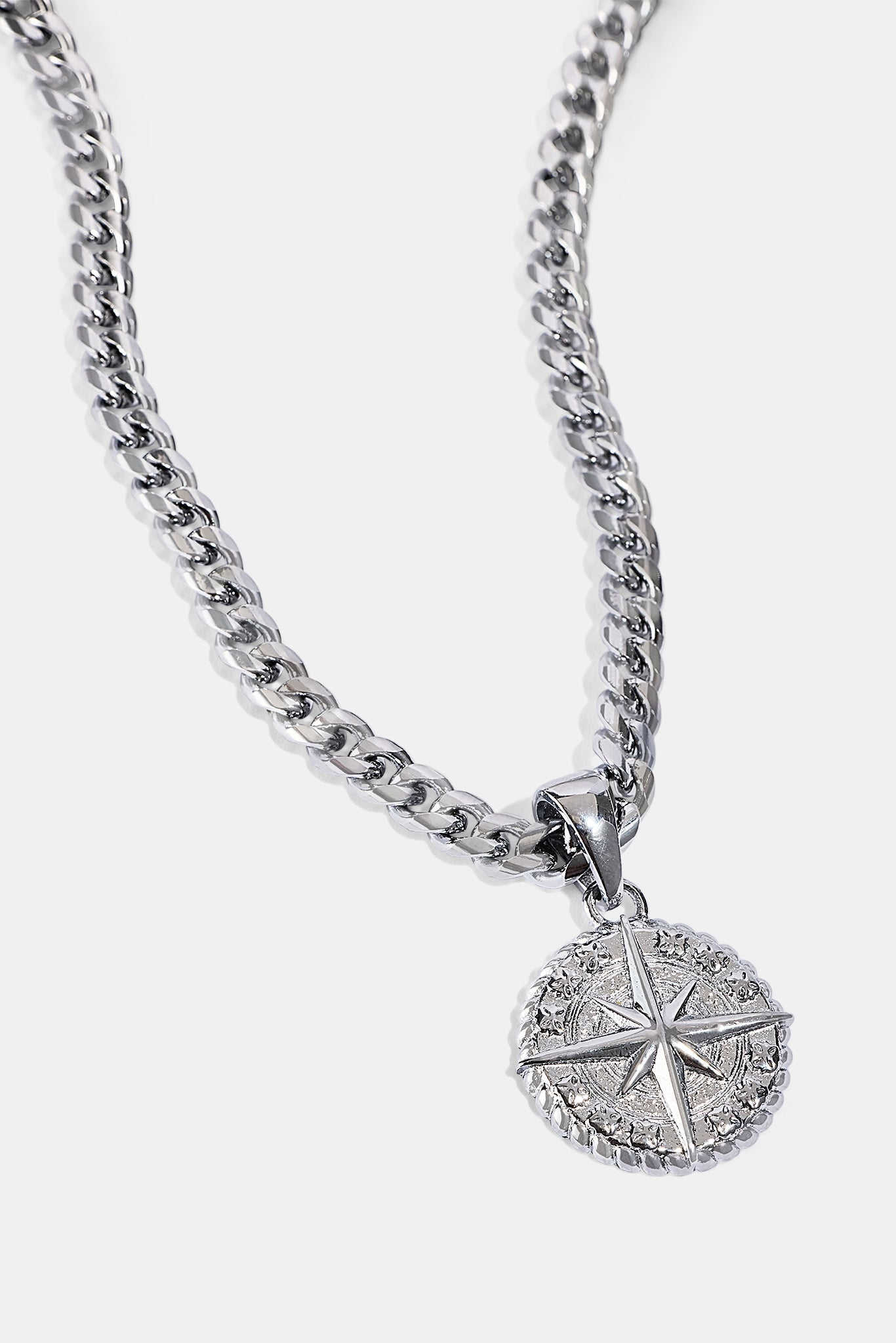 Compass Pendant & 5mm Miami Cuban Necklace - White