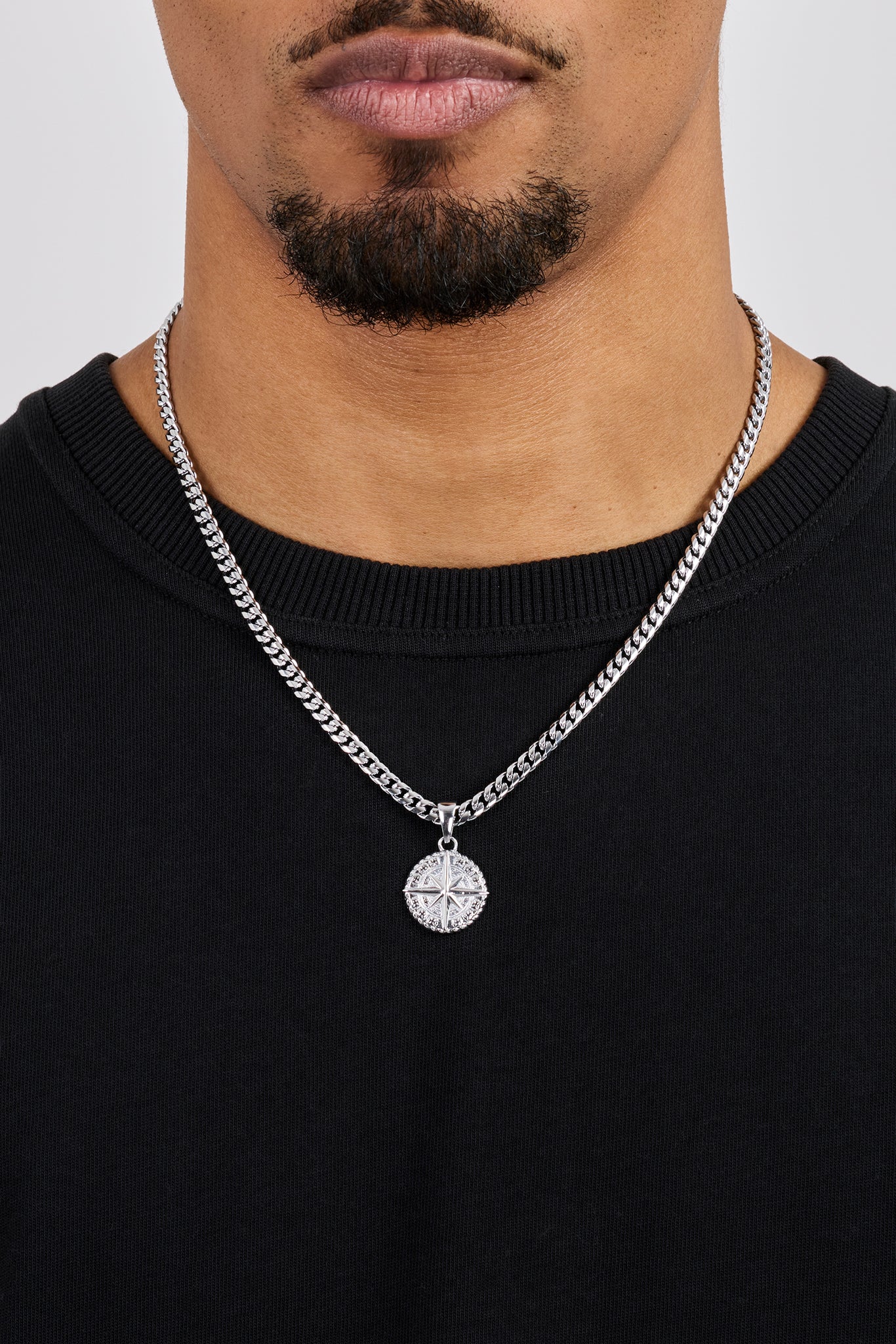 Compass Pendant & 5mm Miami Cuban Necklace - White