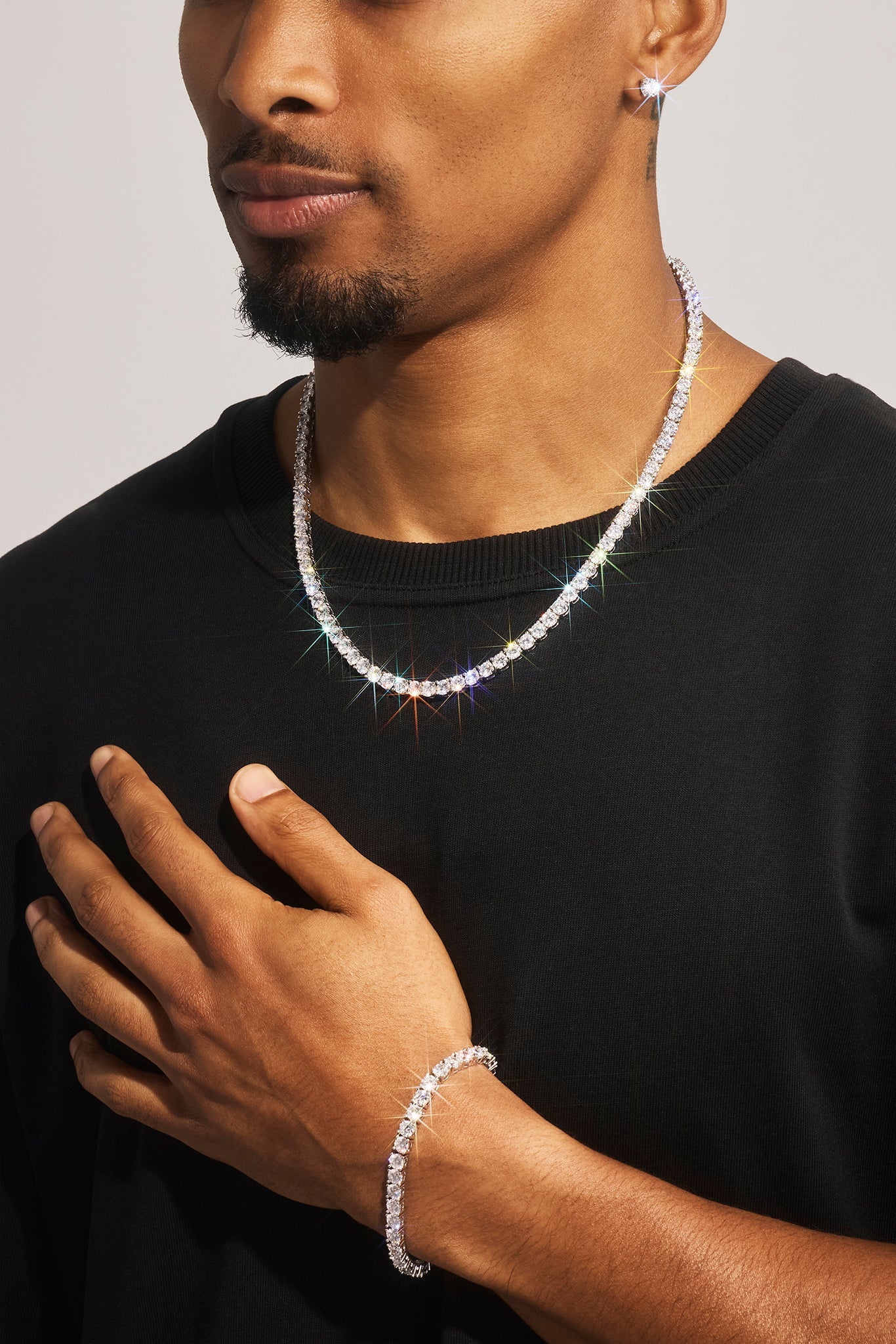 5mm Tennis Bracelet, Chain & Round Cut Stud Earring - 6mm - White