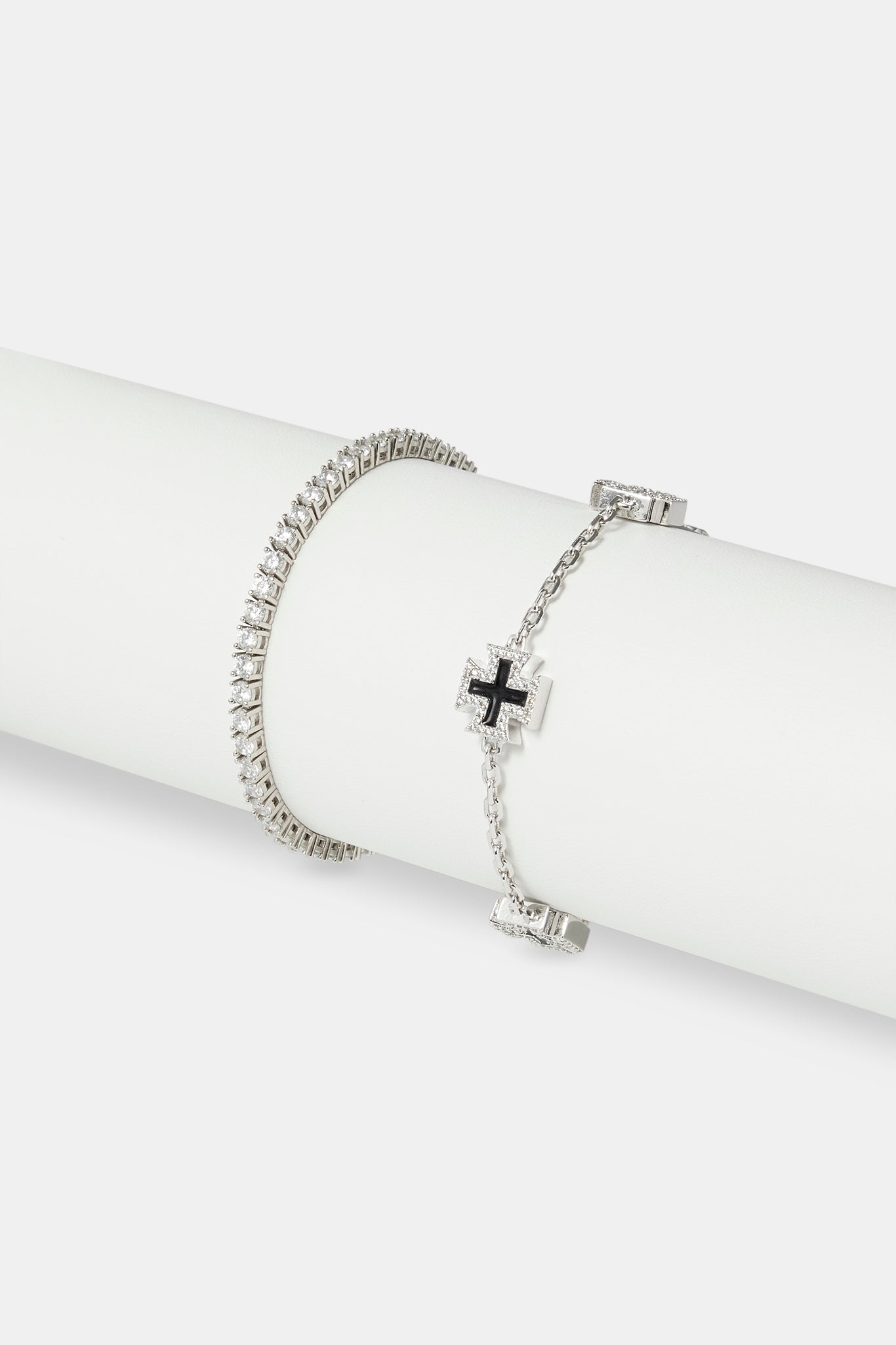 12mm Black Enamel Cross Motif Bracelet & 3mm Tennis Bracelet - White