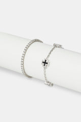 Black Enamel Cross Motif Bracelet & 3mm Tennis Bracelet - White