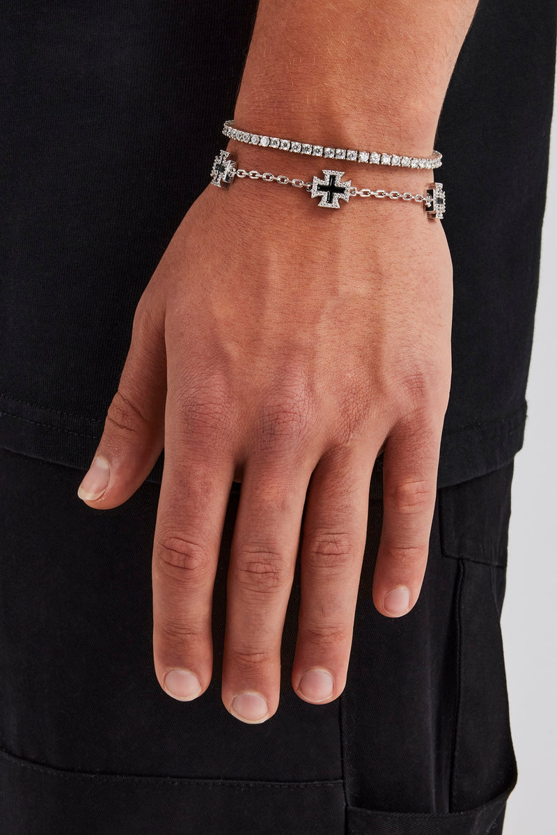 Black Enamel Cross Motif Bracelet & 3mm Tennis Bracelet - White | Mens ...