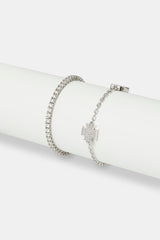 Iced Cross Motif Bracelet & 3mm Tennis Bracelet - White