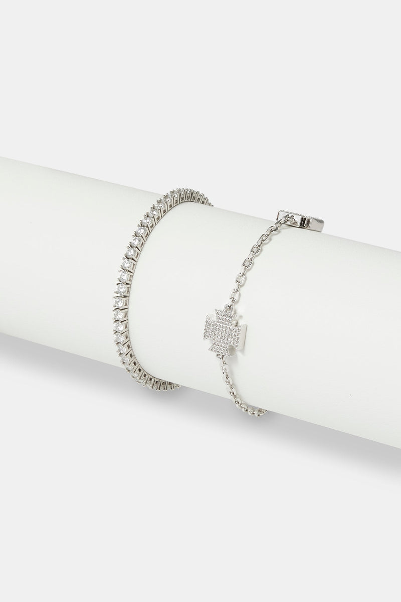 Iced Cross Motif Bracelet & 3mm Tennis Bracelet - White